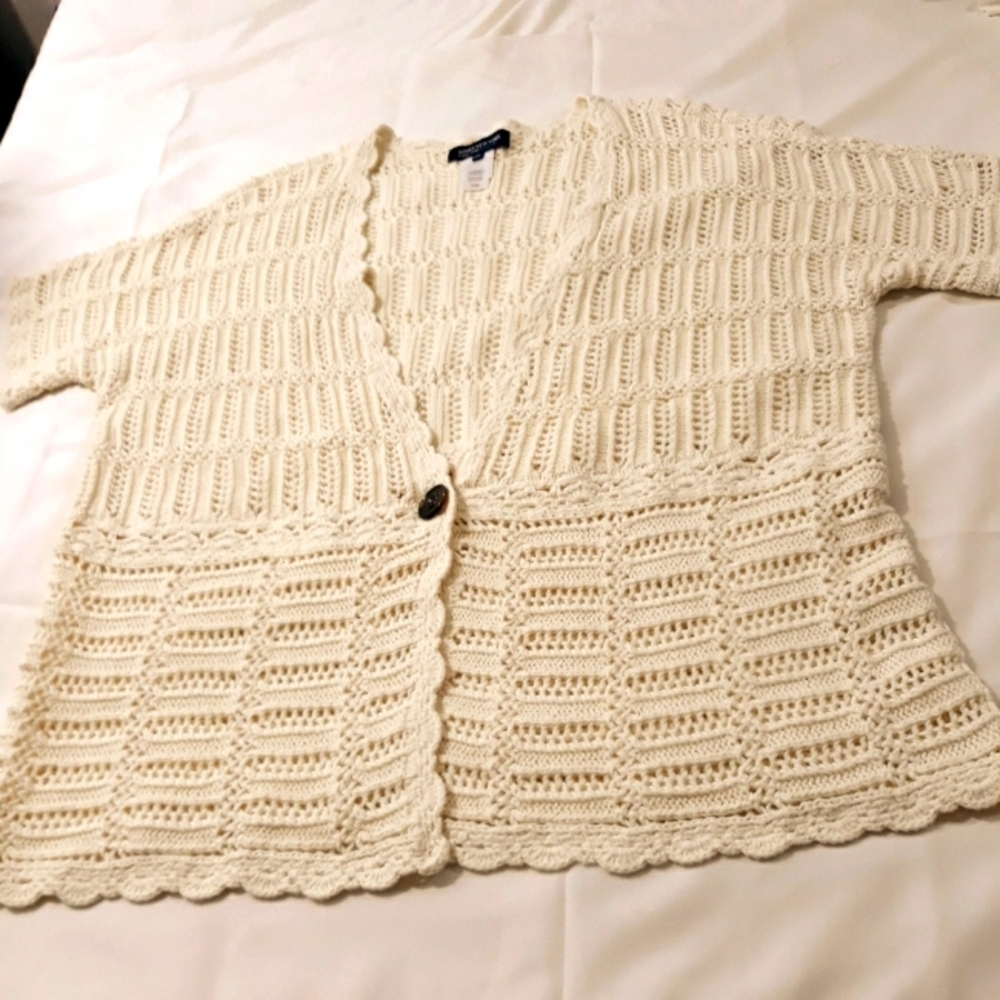 Jones New York Linen Off White Crocheted Sweater Short Sleeve  Top Plus Size 1X